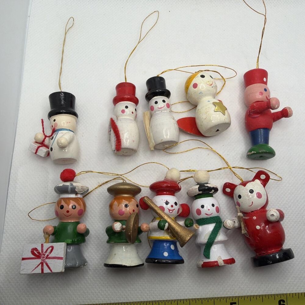 Vintage Miniature Wooden Christmas Ornaments Taiwan Hand Painted 10 pieces